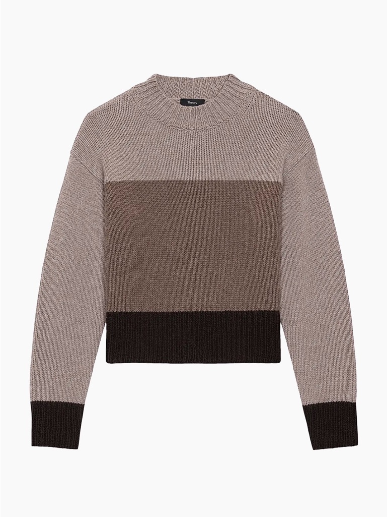 Theory Colorblock Crewneck Sweater In Taupe, Brown And Dark Chocolate